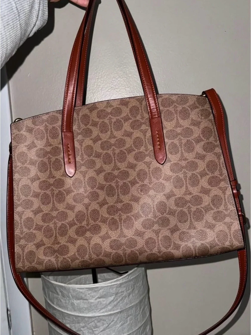 Coach Brown Signature Canvas Shoulder Tote with Saddle Trim